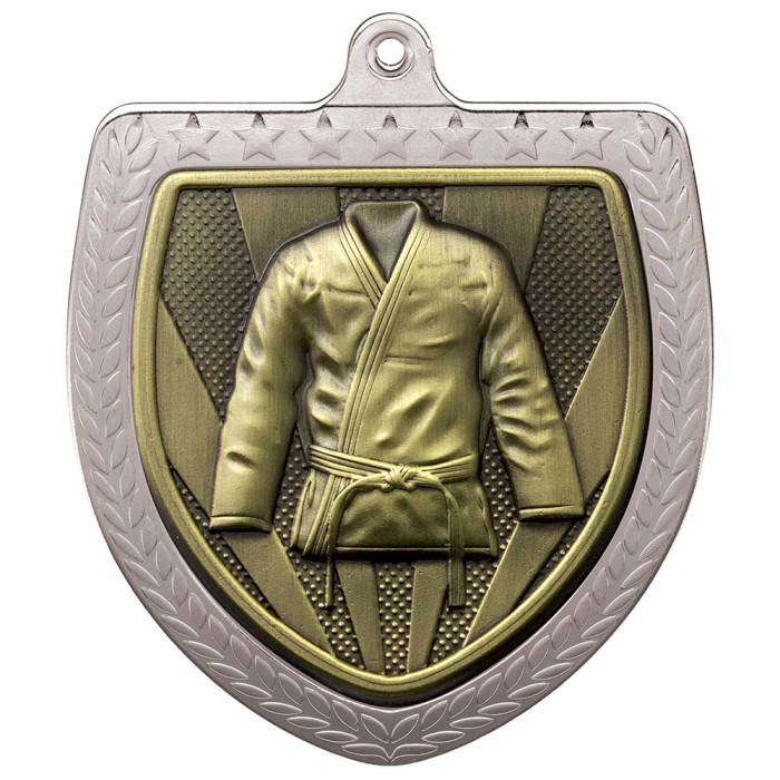 SILVER 75MM MARTIAL ARTS SHIELD MEDAL